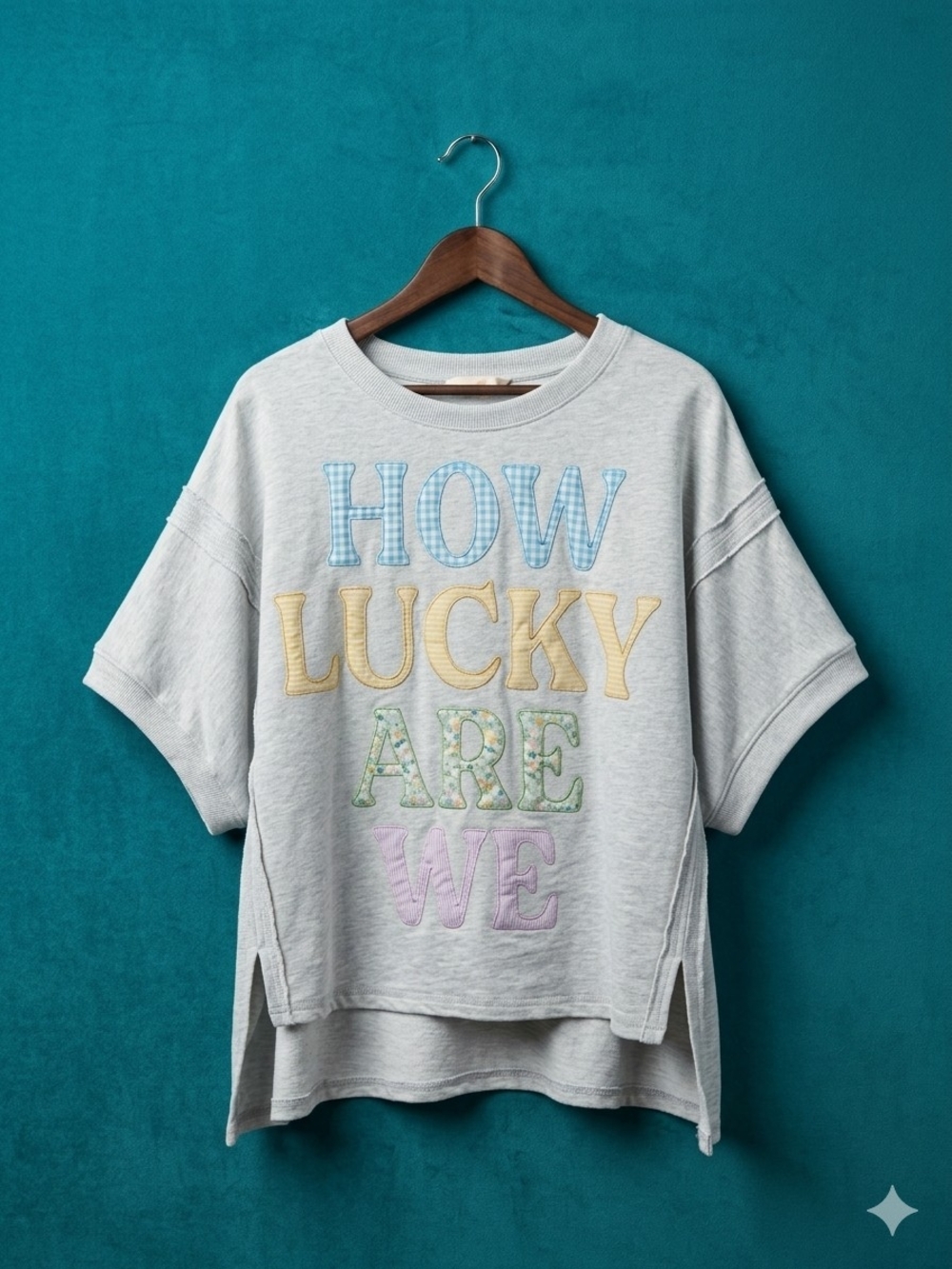 ✏️ Peach Love California How Lucky Are We Patch Dolman Short Sleeve shirt